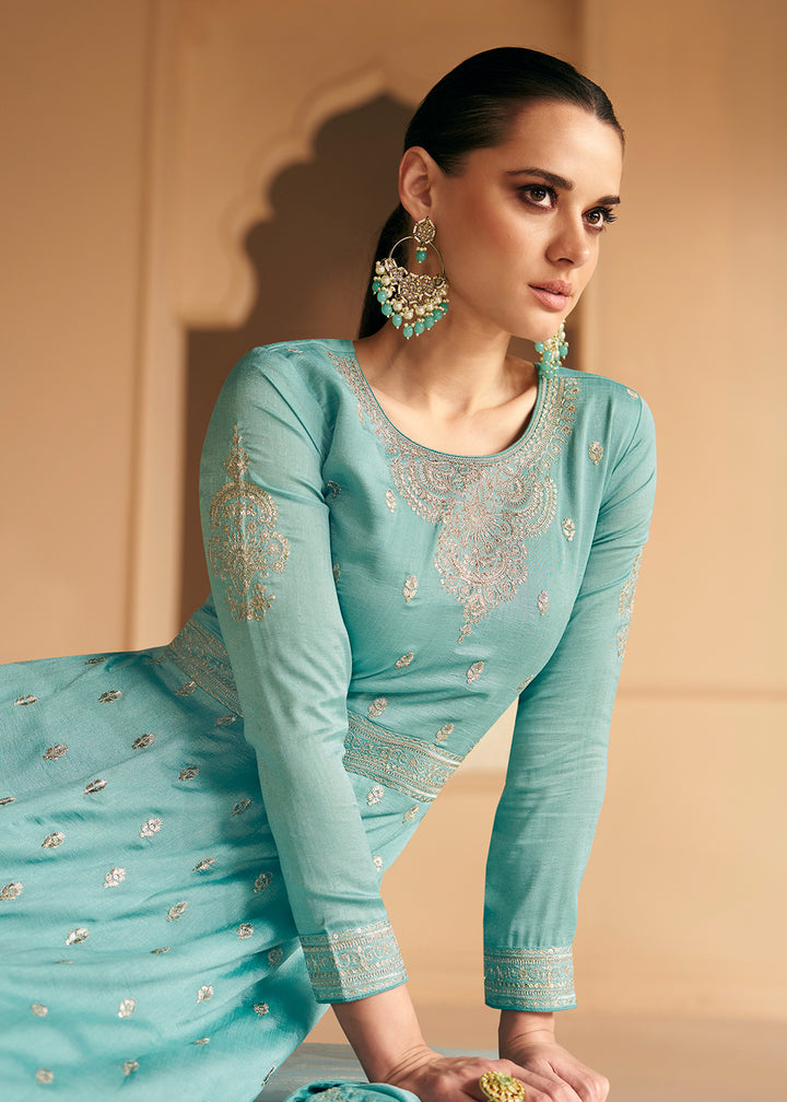 Buy Now Embroidered Sea Green Premium Silk Sangeet Wear Anarkali Suit Online in USA, UK, Australia, New Zealand, Canada & Worldwide at Empress Clothing.
