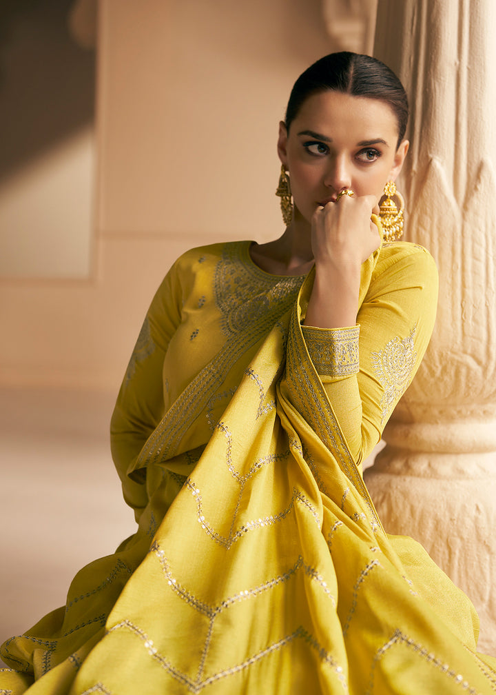 Buy Now Embroidered Yellow Premium Silk Haldi Wear Anarkali Suit Online in USA, UK, Australia, New Zealand, Canada & Worldwide at Empress Clothing. 
