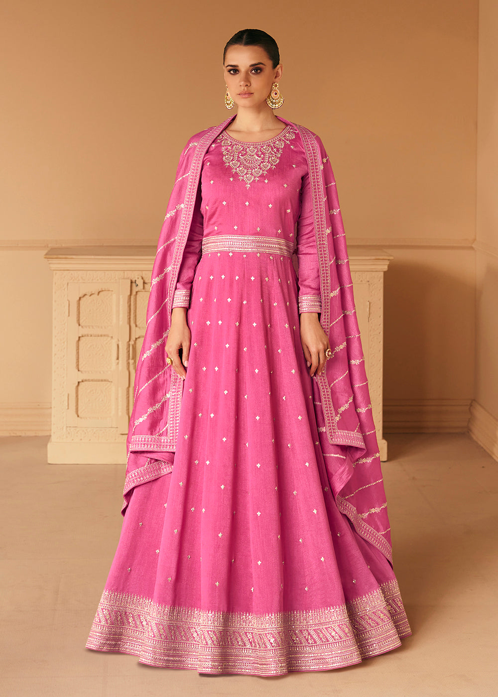 Buy Now Embroidered Pink Premium Silk Sangeet Wear Anarkali Suit Online in USA, UK, Australia, New Zealand, Canada & Worldwide at Empress Clothing. 