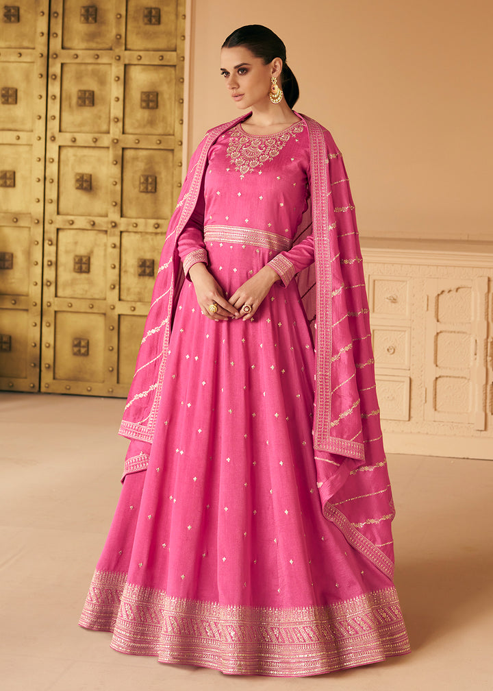 Buy Now Embroidered Pink Premium Silk Sangeet Wear Anarkali Suit Online in USA, UK, Australia, New Zealand, Canada & Worldwide at Empress Clothing. 
