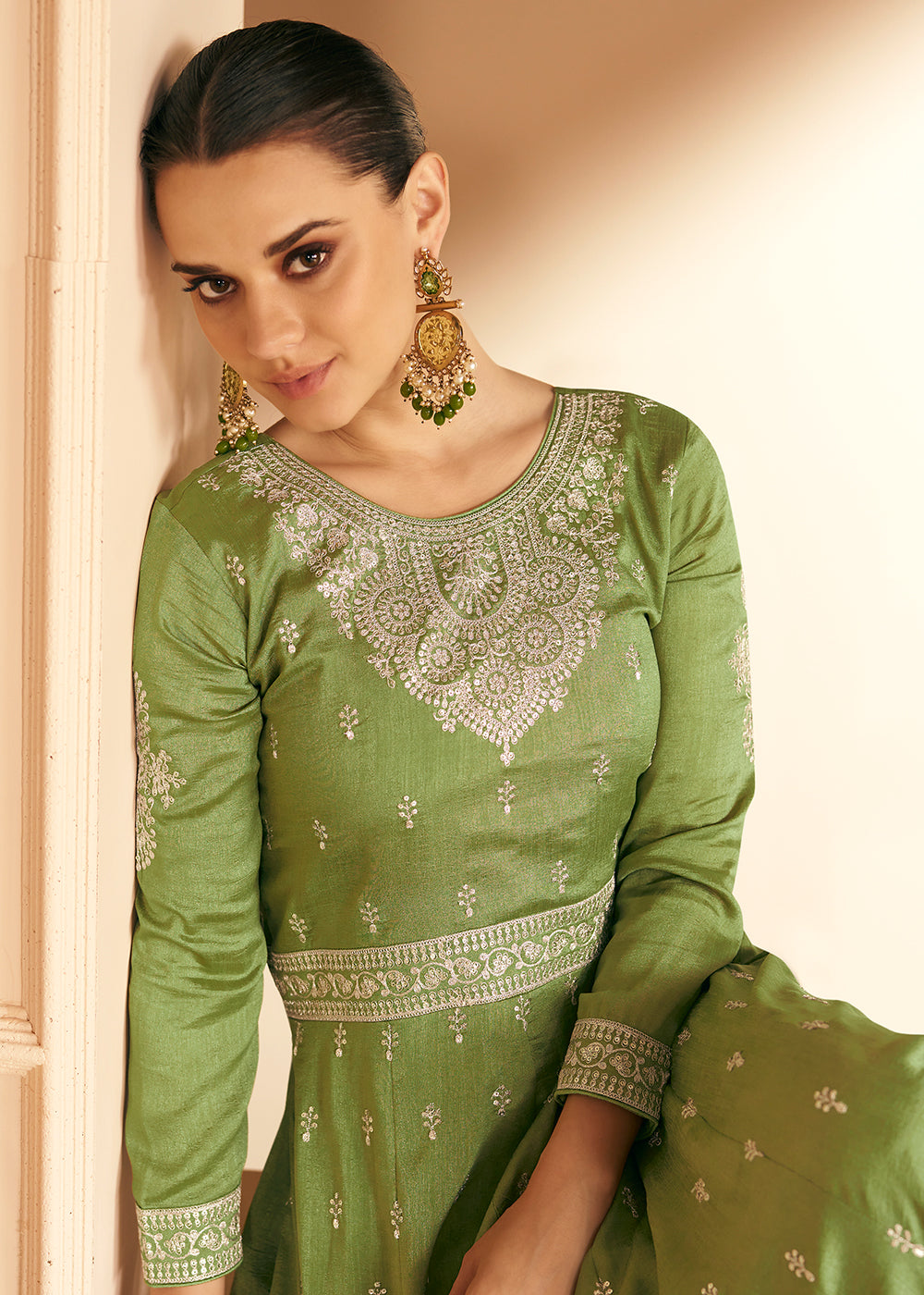 Buy Now Embroidered Green Premium Silk Mehndi Wear Anarkali Suit Online in USA, UK, Australia, New Zealand, Canada & Worldwide at Empress Clothing.