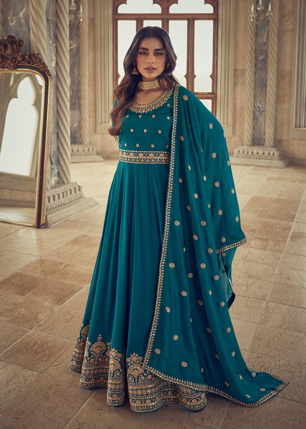 Buy Now Designer Teal Blue Silk Floor Length Anarkali Suit Online in USA, UK, Australia, New Zealand, Canada & Worldwide at Empress Clothing.