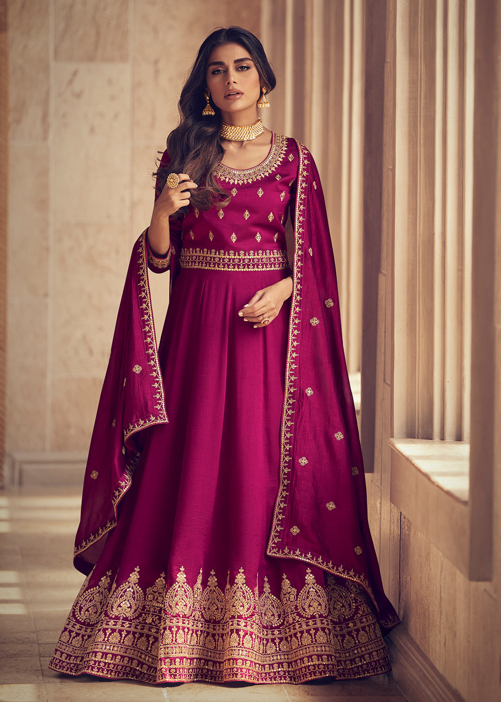Buy Now Designer Magenta Pink Silk Floor Length Anarkali Suit Online in USA, UK, Australia, New Zealand, Canada & Worldwide at Empress Clothing. 