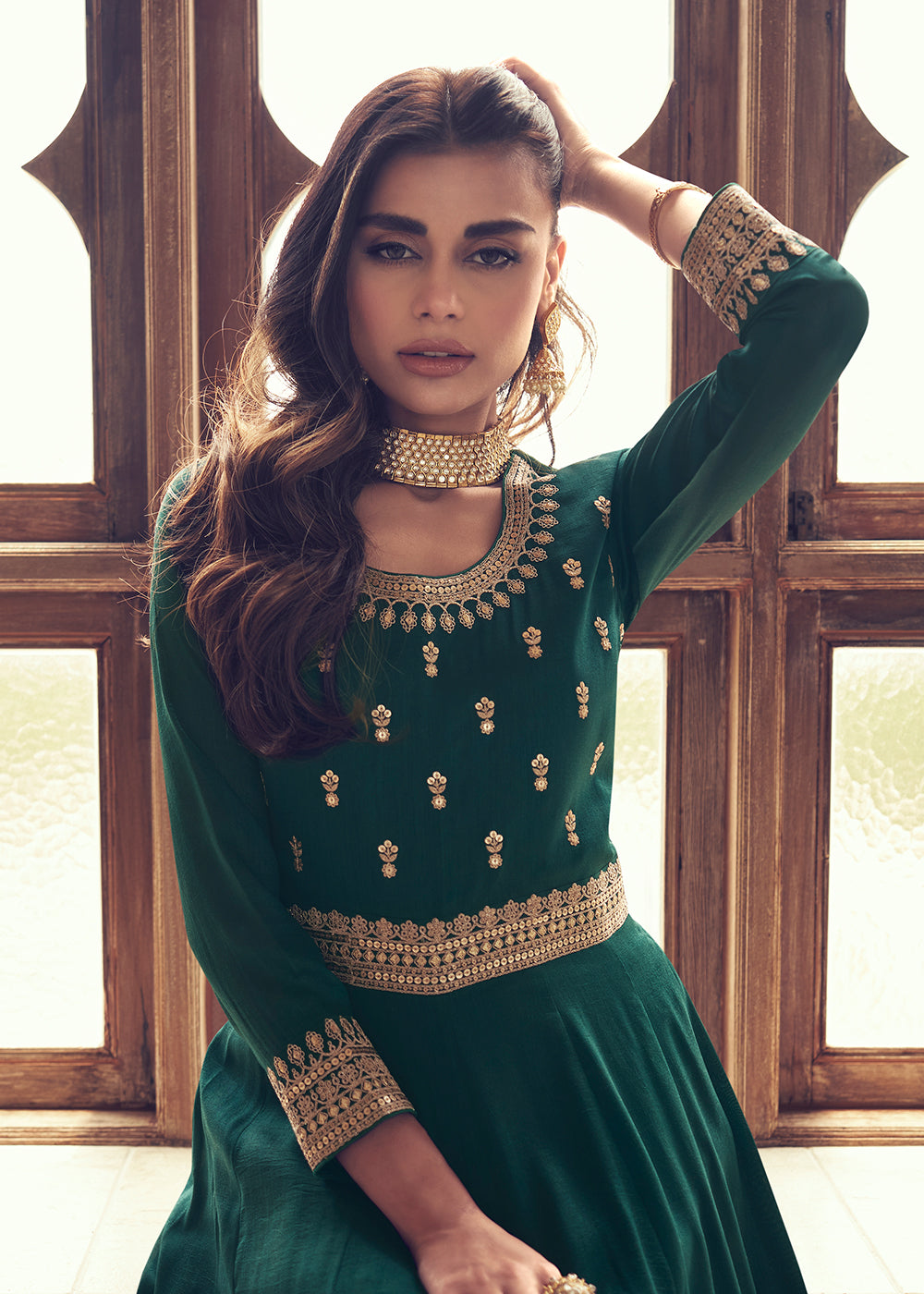 Buy Now Designer Dark Green Silk Floor Length Anarkali Suit Online in USA, UK, Australia, New Zealand, Canada & Worldwide at Empress Clothing.