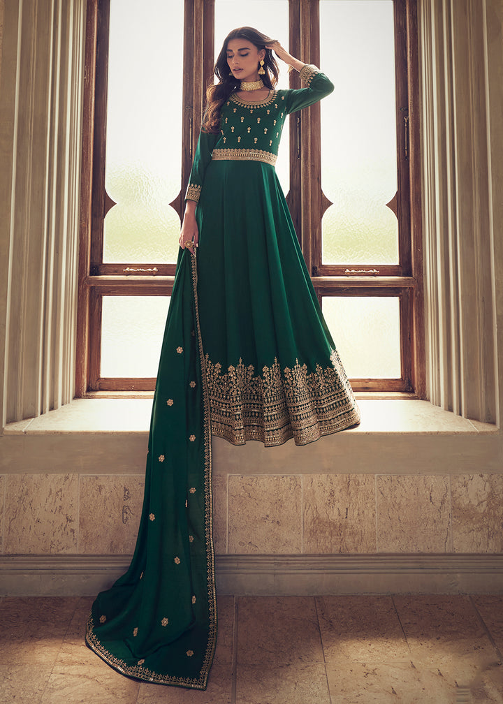 Buy Now Designer Dark Green Silk Floor Length Anarkali Suit Online in USA, UK, Australia, New Zealand, Canada & Worldwide at Empress Clothing.