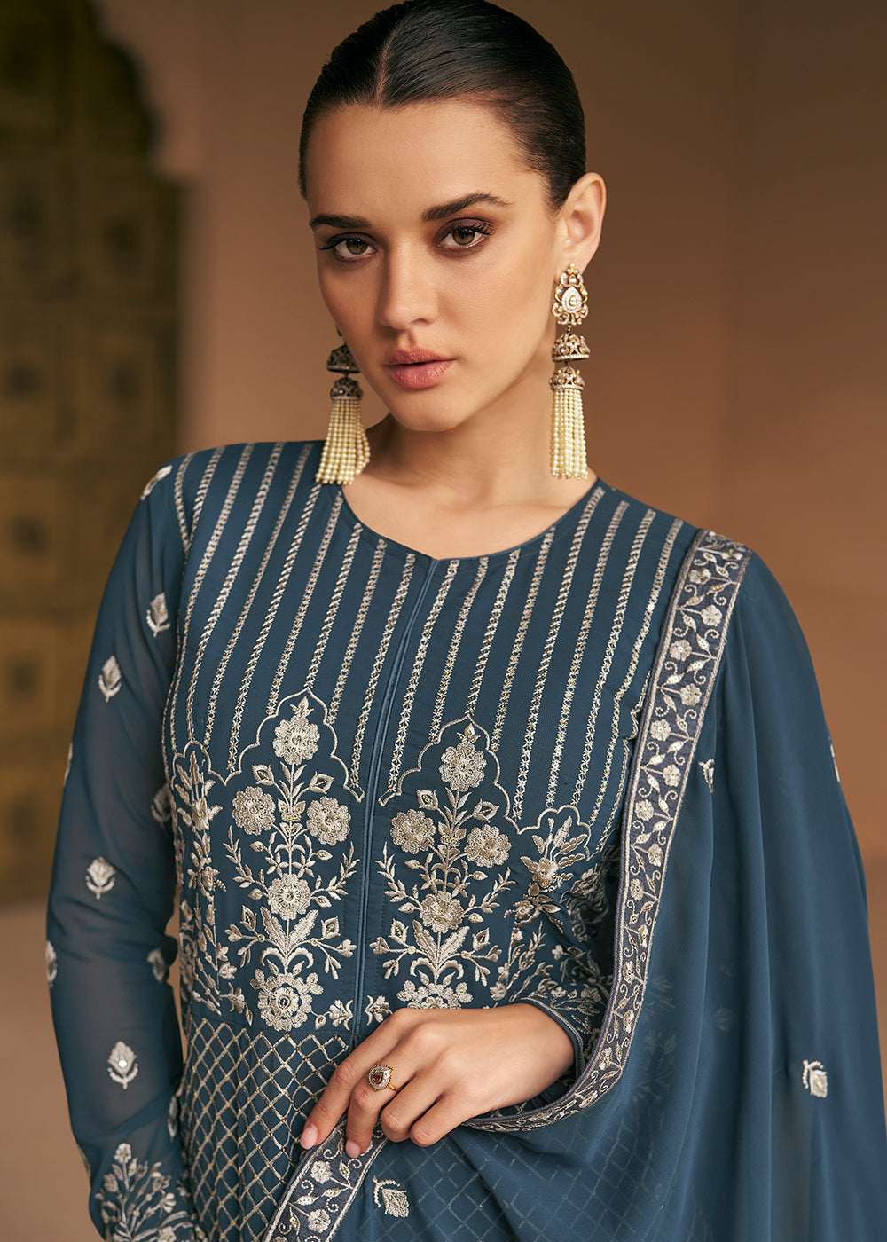 Buy Now Tempting Real Georgette Blue Wedding Wear Anarkali Suit Online in USA, UK, Australia, New Zealand, Canada & Worldwide at Empress Clothing.