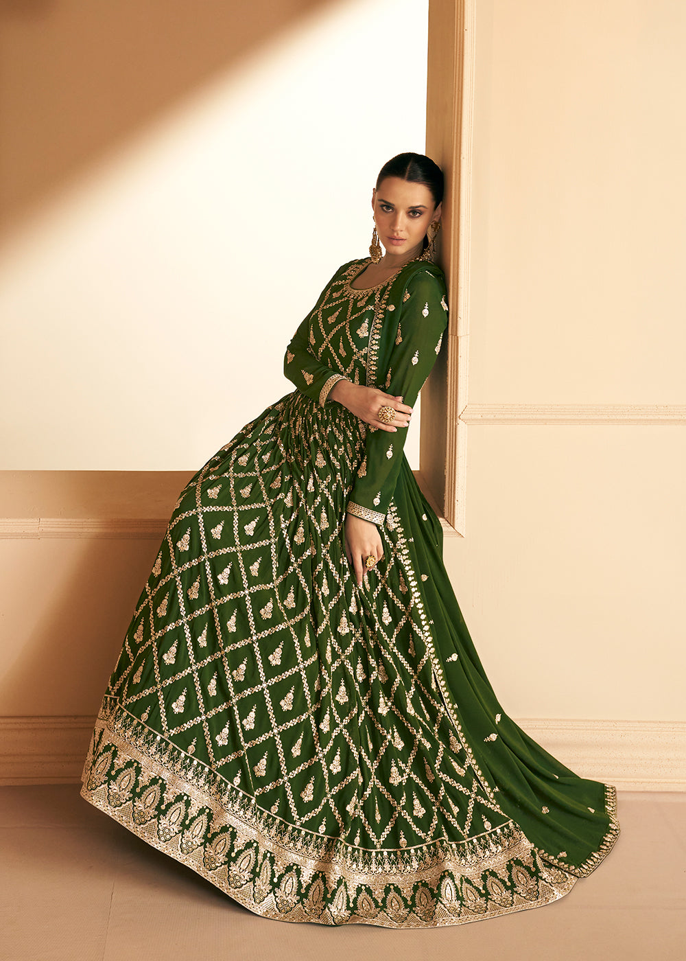 Buy Now Tempting Real Georgette Green Wedding Wear Anarkali Suit Online in USA, UK, Australia, New Zealand, Canada & Worldwide at Empress Clothing. 