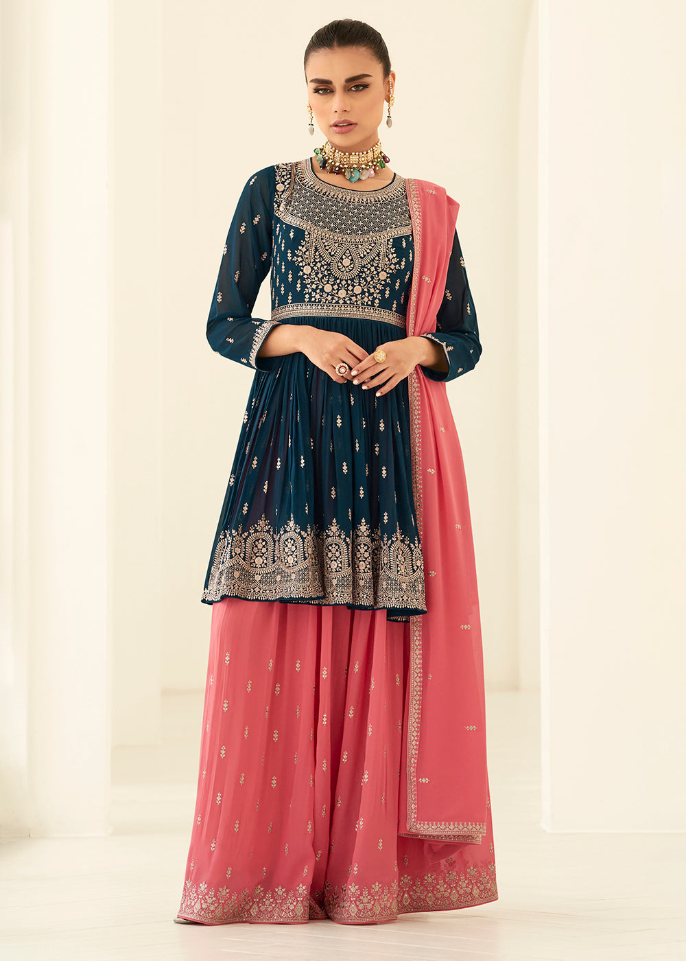 Buy Now Gorgeous Georgette Blue & Pink Wedding Palazzo Suit Online in USA, UK, Canada, Germany, Australia & Worldwide at Empress Clothing. 