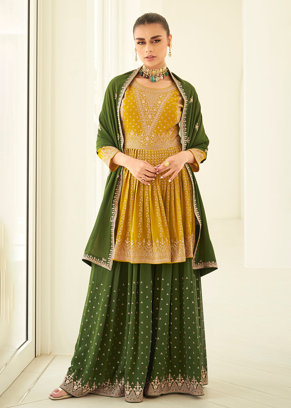 Buy Wedding Palazzo Suit - Gorgeous Georgette Yellow & Green Suit Empress Clothing Buy Wedding Palazzo Suit - Gorgeous Georgette Yellow & Green Suit Empress Clothing