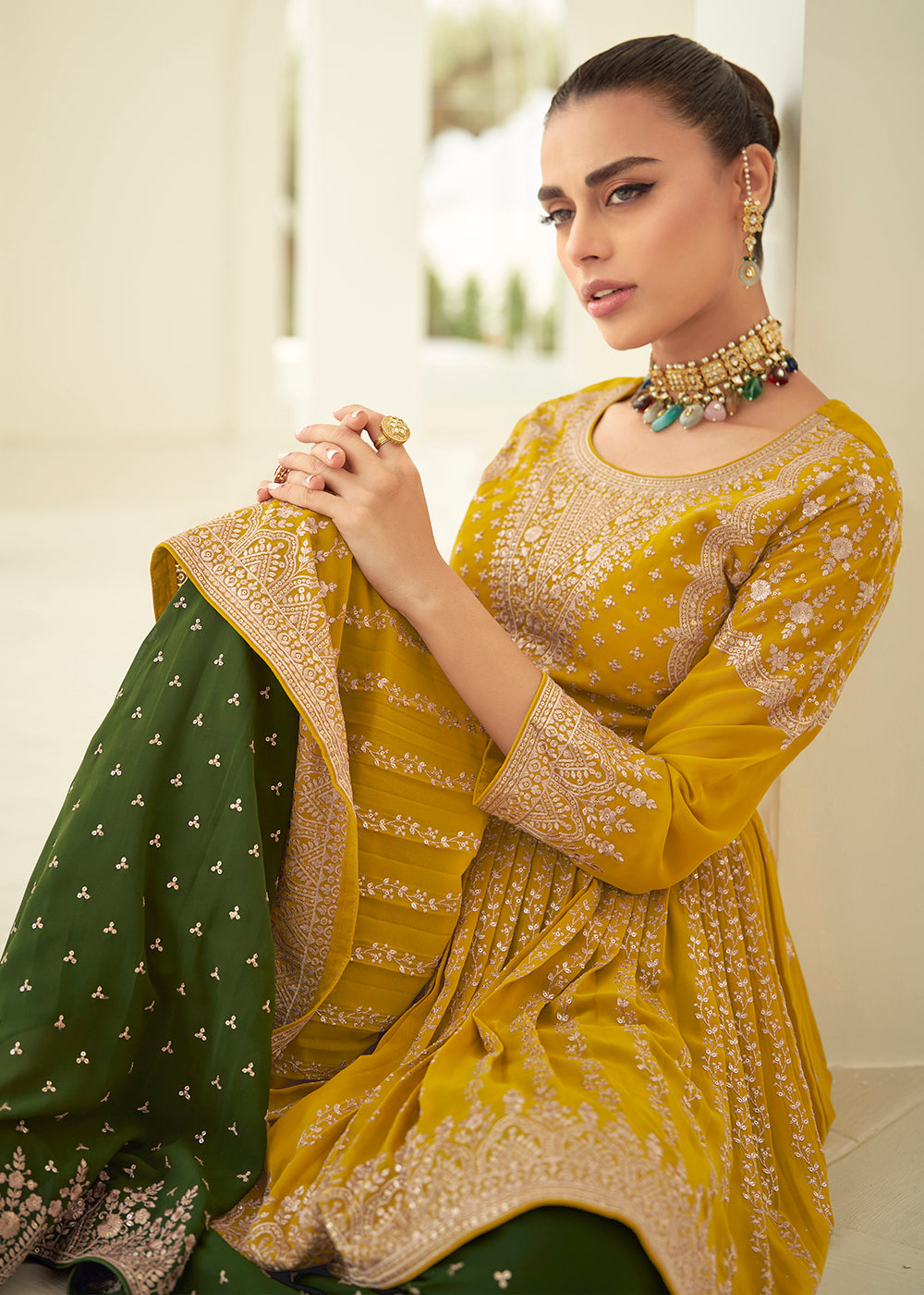 Buy Now Gorgeous Georgette Yellow & Green Wedding Palazzo Suit Online in USA, UK, Canada, Germany, Australia & Worldwide at Empress Clothing. 