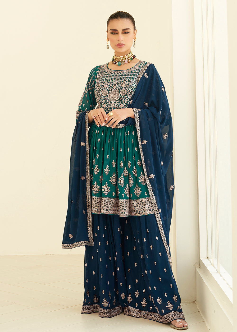 Buy Now Gorgeous Georgette Teal & Navy Blue Wedding Palazzo Suit Online in USA, UK, Canada, Germany, Australia & Worldwide at Empress Clothing