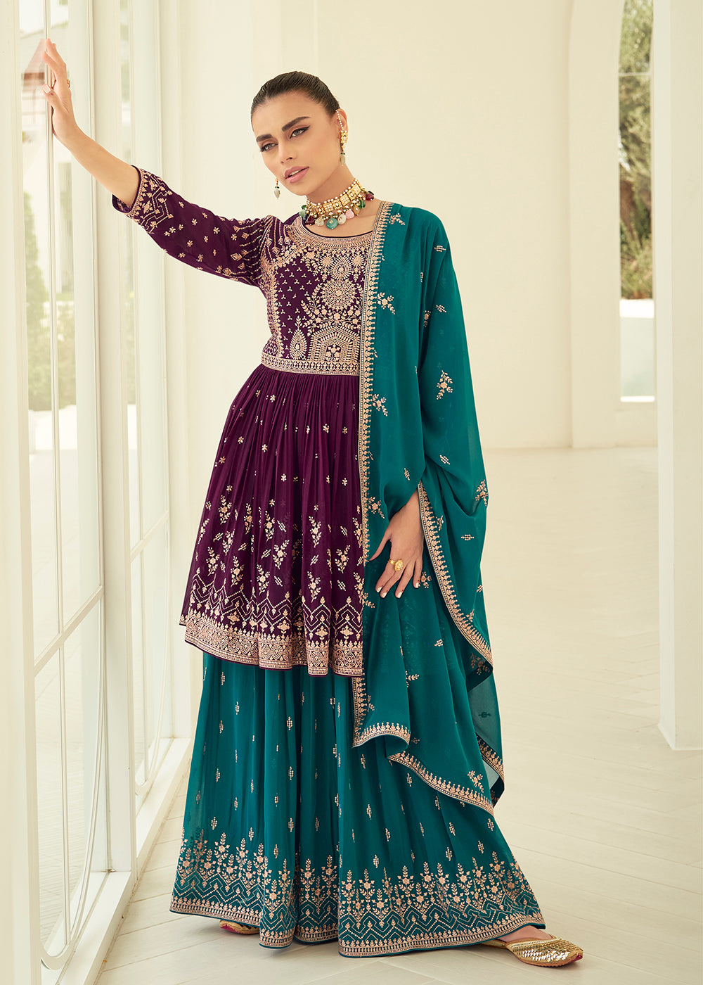 Buy Now Gorgeous Georgette Purple & Teal Wedding Palazzo Suit Online in USA, UK, Canada, Germany, Australia & Worldwide at Empress Clothing.