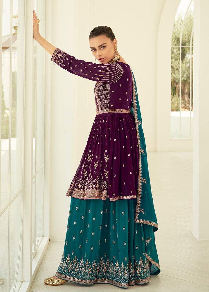 Buy Now Gorgeous Georgette Purple & Teal Wedding Palazzo Suit Online in USA, UK, Canada, Germany, Australia & Worldwide at Empress Clothing.