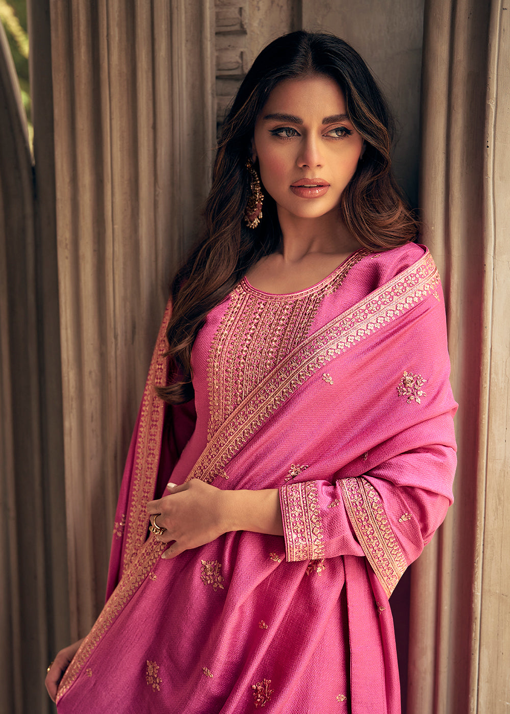 Buy Now Art Silk Stunning Pink Embroidered Festive Palazzo Suit Online in USA, UK, Canada, Germany, Australia & Worldwide at Empress Clothing.