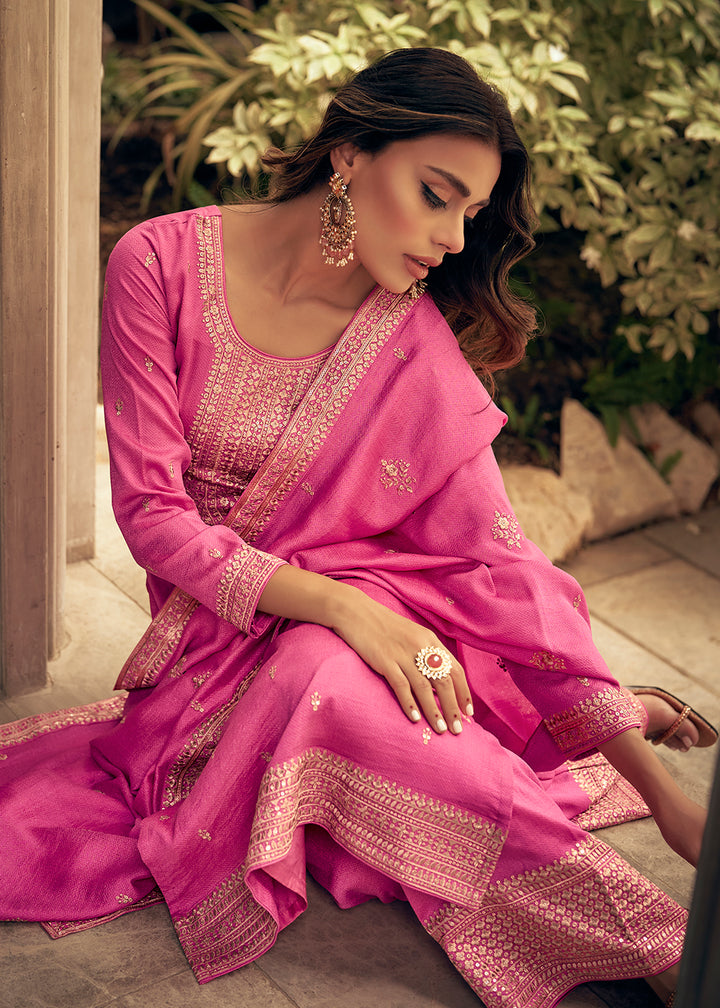 Buy Now Art Silk Stunning Pink Embroidered Festive Palazzo Suit Online in USA, UK, Canada, Germany, Australia & Worldwide at Empress Clothing.