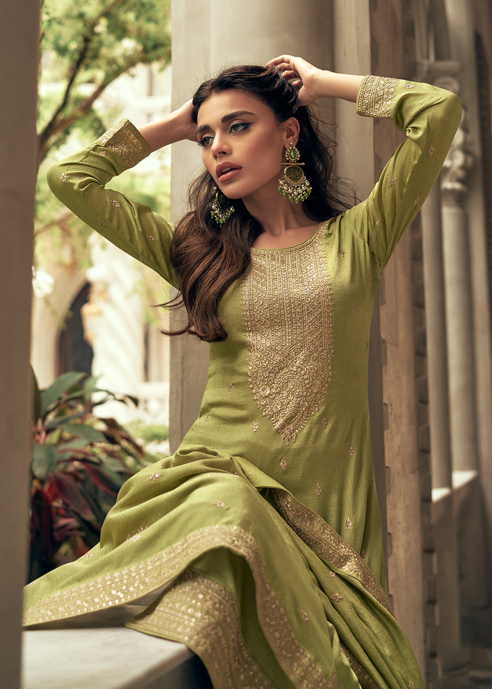 Buy Now Art Silk Stunning Green Embroidered Festive Palazzo Suit Online in USA, UK, Canada, Germany, Australia & Worldwide at Empress Clothing.