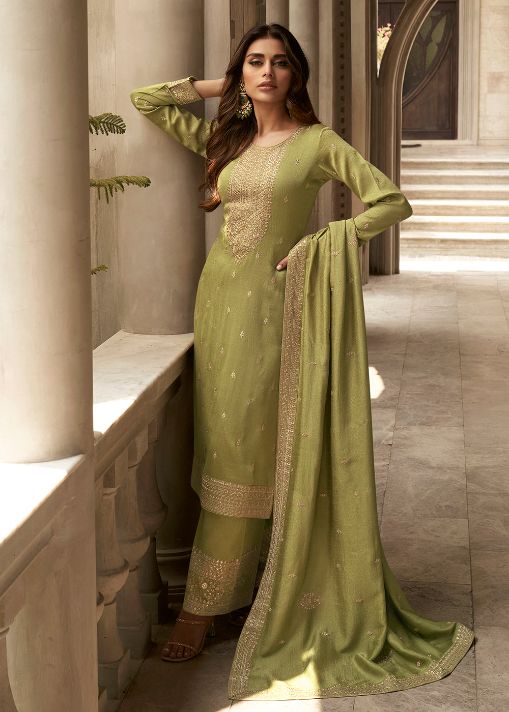 Buy Now Art Silk Stunning Green Embroidered Festive Palazzo Suit Online in USA, UK, Canada, Germany, Australia & Worldwide at Empress Clothing.