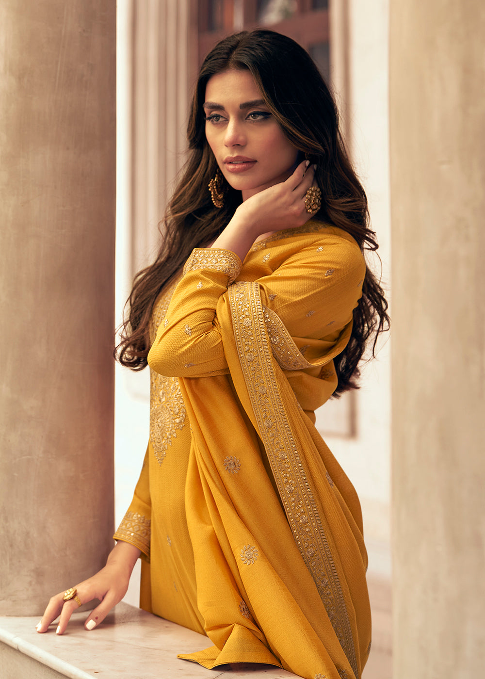 Buy Now Art Silk Stunning Yellow Embroidered Festive Palazzo Suit Online in USA, UK, Canada, Germany, Australia & Worldwide at Empress Clothing.