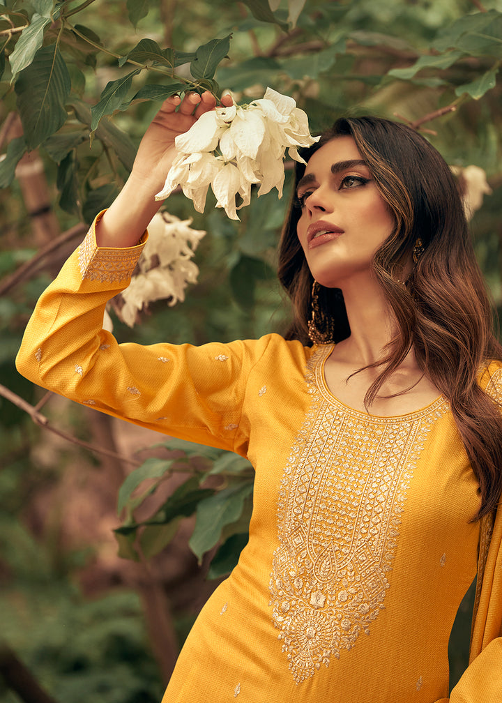 Buy Now Art Silk Stunning Yellow Embroidered Festive Palazzo Suit Online in USA, UK, Canada, Germany, Australia & Worldwide at Empress Clothing.