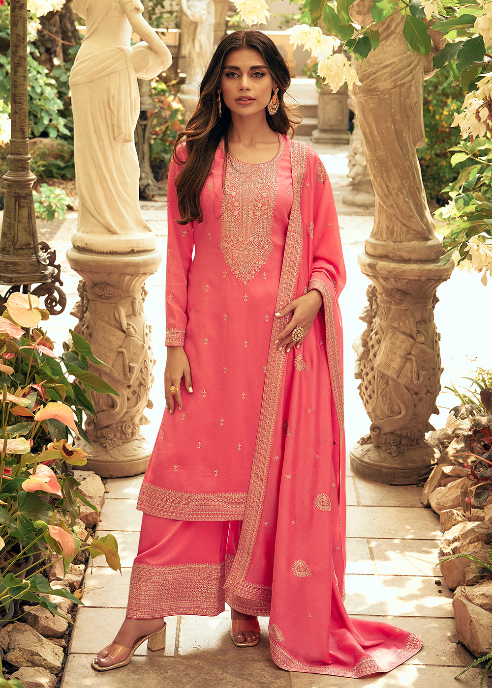 Buy Now Art Silk Stunning Peach Embroidered Festive Palazzo Suit Online in USA, UK, Canada, Germany, Australia & Worldwide at Empress Clothing.