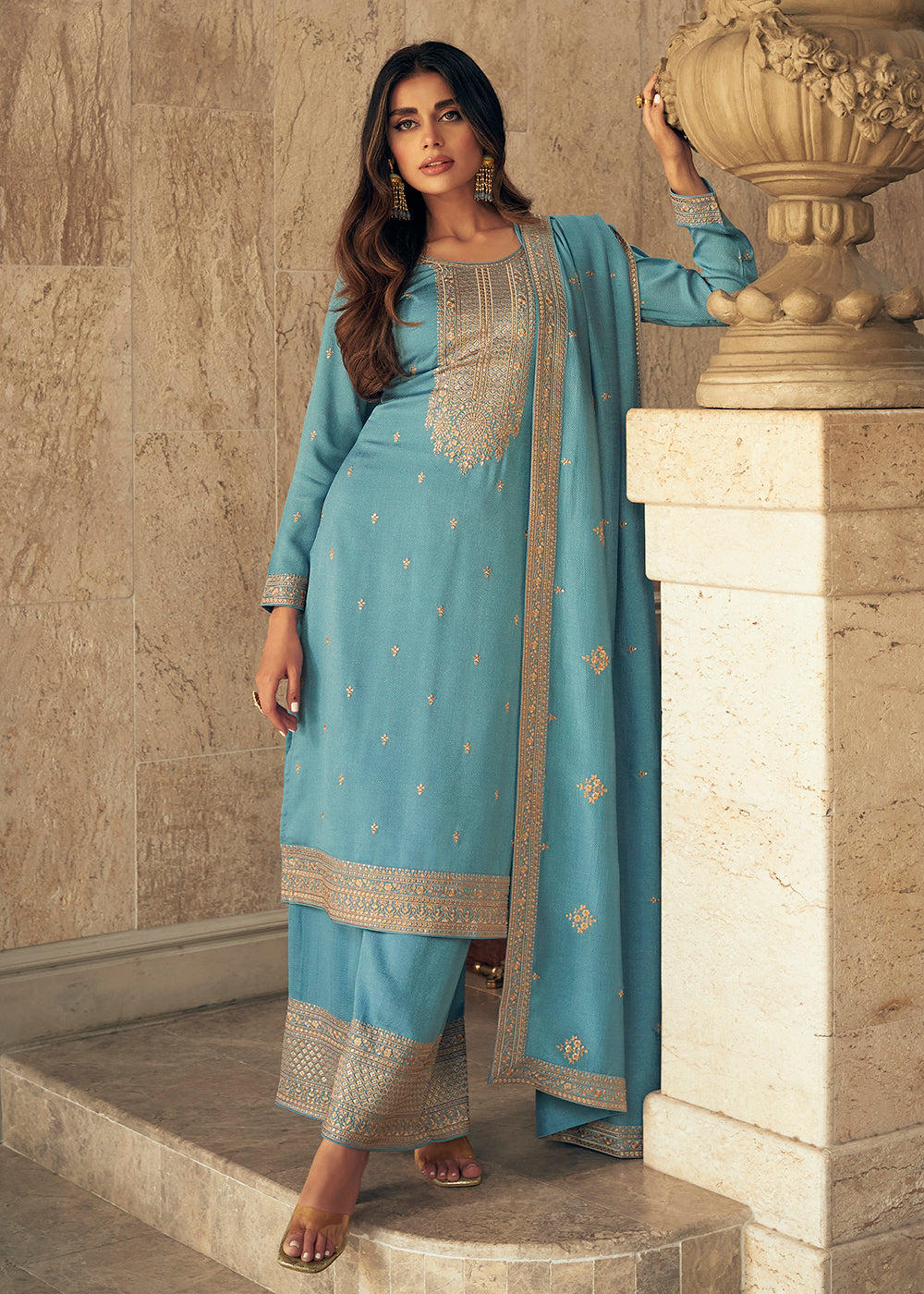 Buy Now Art Silk Stunning Sky Blue Embroidered Festive Palazzo Suit Online in USA, UK, Canada, Germany, Australia & Worldwide at Empress Clothing.