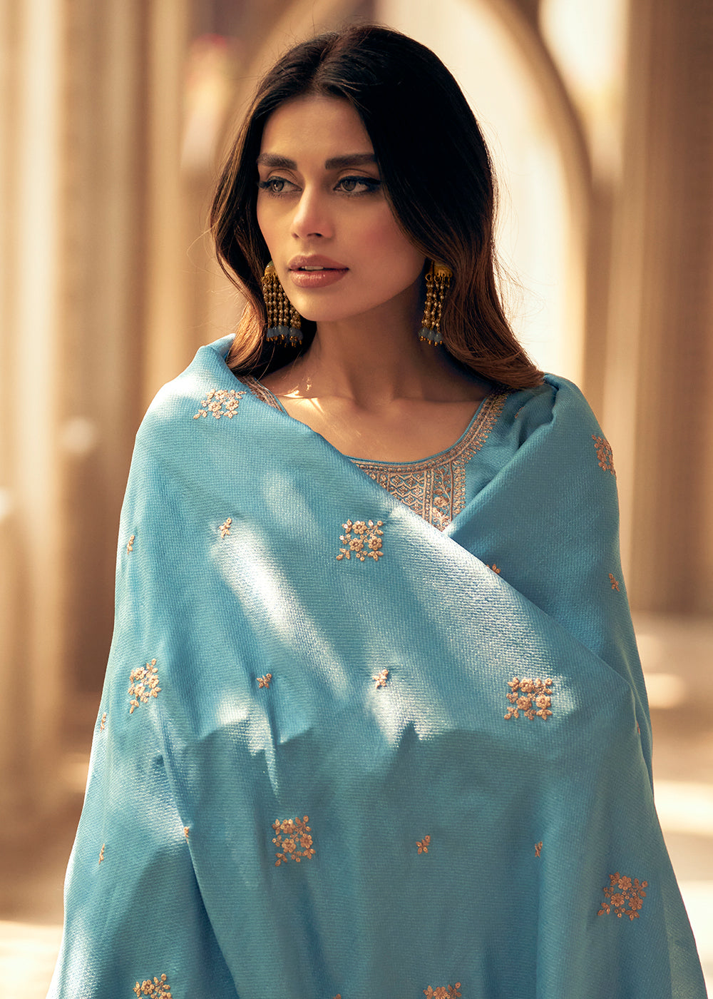 Buy Now Art Silk Stunning Sky Blue Embroidered Festive Palazzo Suit Online in USA, UK, Canada, Germany, Australia & Worldwide at Empress Clothing.