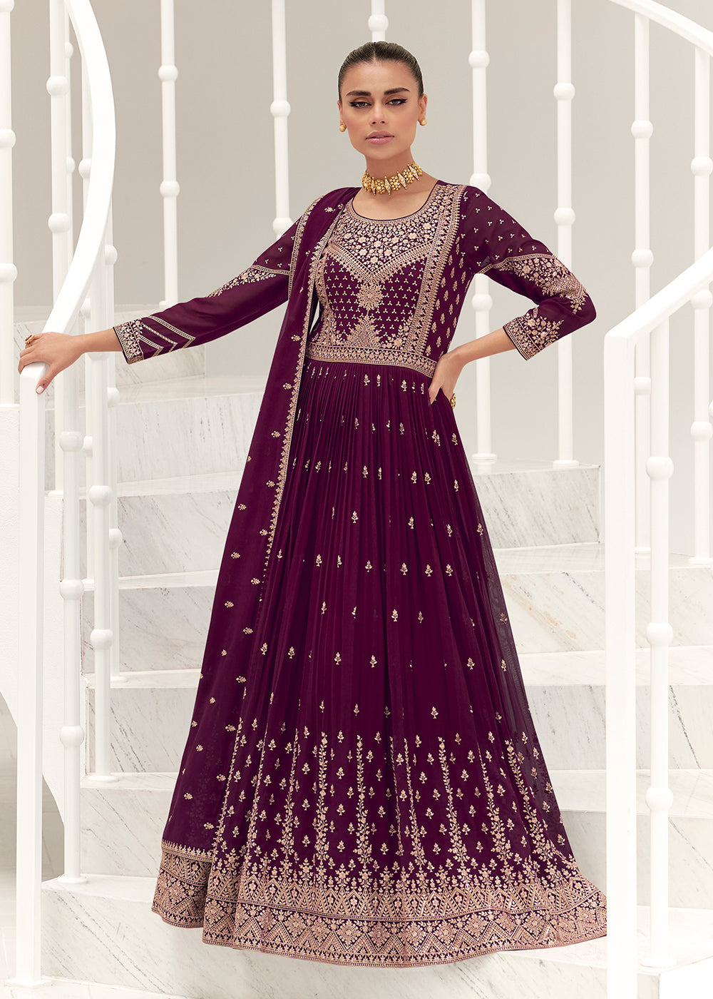 Buy Now Wine Purple Real Georgette Party Style Anarkali Suit Online in USA, UK, Australia, New Zealand, Canada & Worldwide at Empress Clothing.