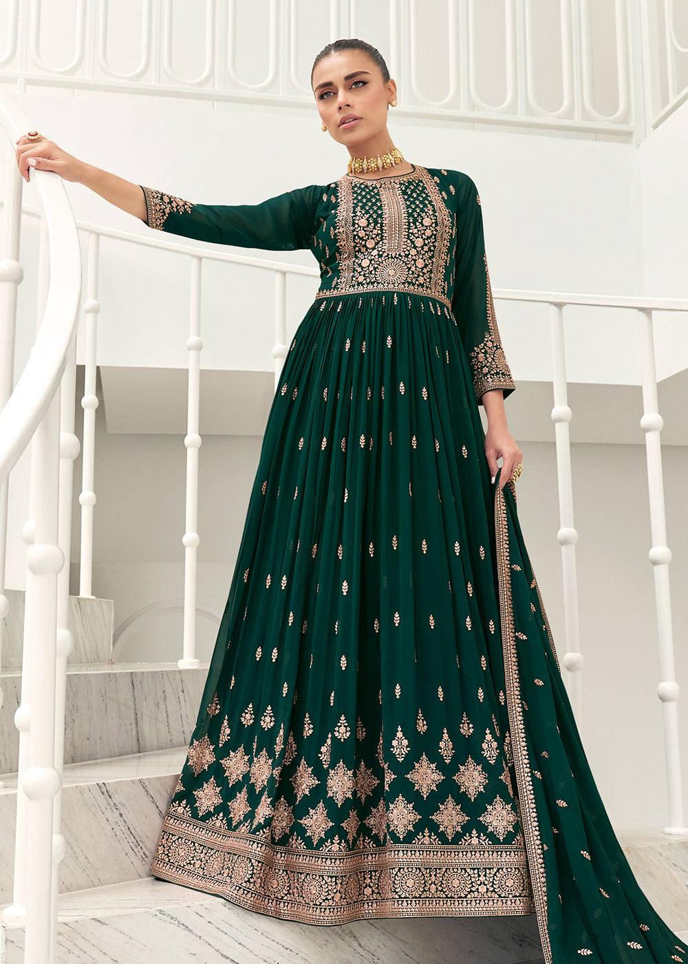 Buy Now Dark Green Real Georgette Party Style Anarkali Suit Online in USA, UK, Australia, New Zealand, Canada & Worldwide at Empress Clothing.