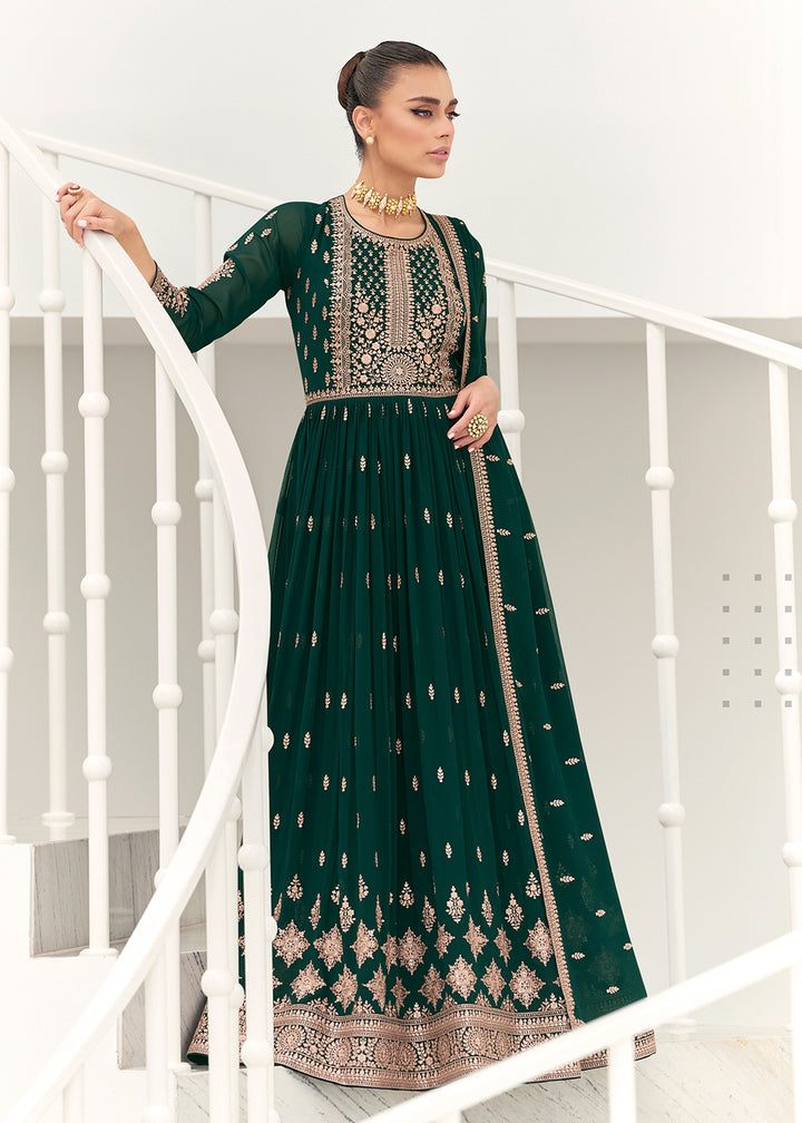 Buy Now Dark Green Real Georgette Party Style Anarkali Suit Online in USA, UK, Australia, New Zealand, Canada & Worldwide at Empress Clothing.