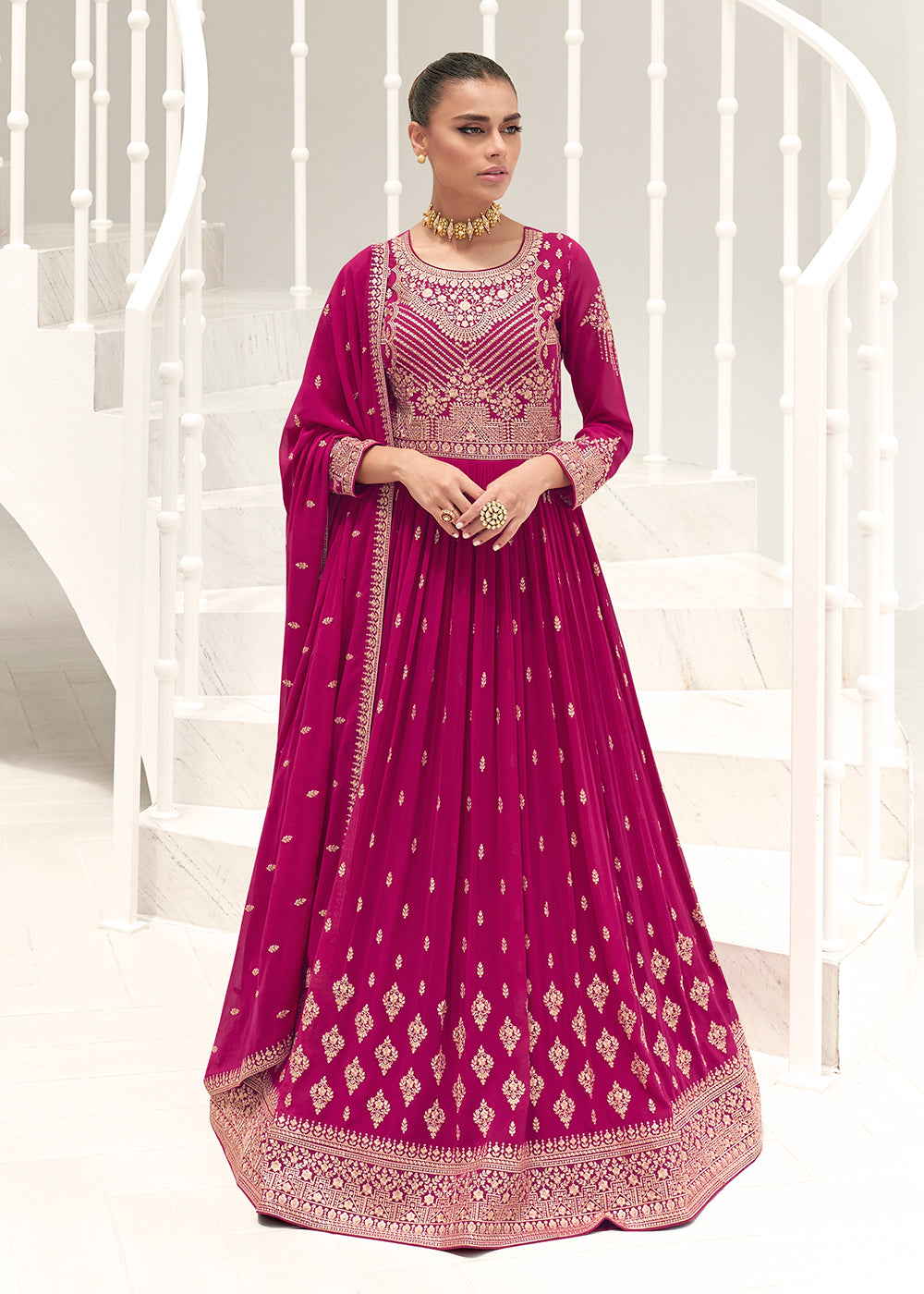 Buy Now Magenta Pink Real Georgette Party Style Anarkali Suit Online in USA, UK, Australia, New Zealand, Canada & Worldwide at Empress Clothing.