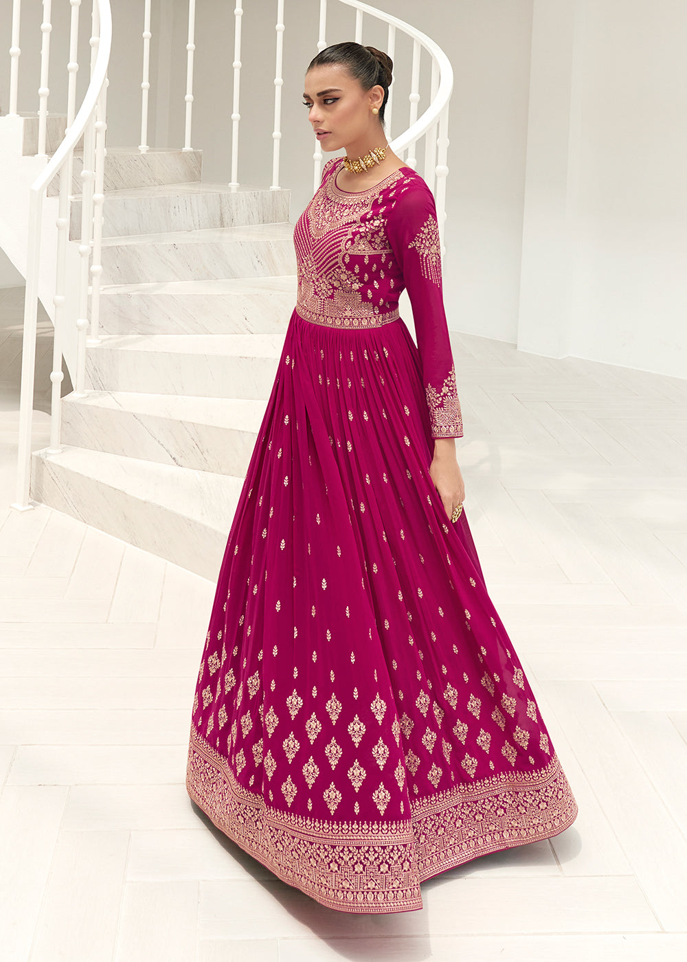 Buy Now Magenta Pink Real Georgette Party Style Anarkali Suit Online in USA, UK, Australia, New Zealand, Canada & Worldwide at Empress Clothing.
