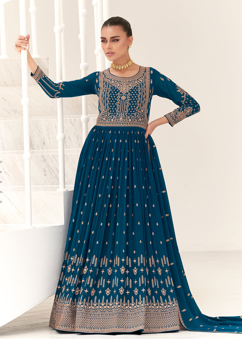 Buy Now Teal Blue Real Georgette Party Style Anarkali Suit Online in USA, UK, Australia, New Zealand, Canada & Worldwide at Empress Clothing.