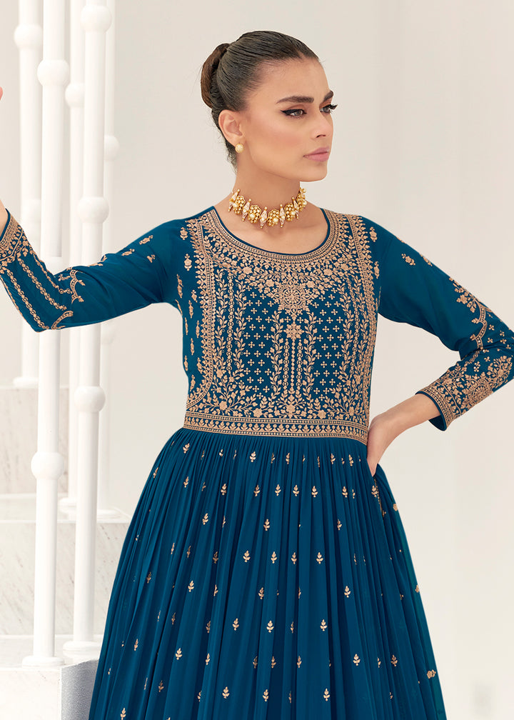 Buy Now Teal Blue Real Georgette Party Style Anarkali Suit Online in USA, UK, Australia, New Zealand, Canada & Worldwide at Empress Clothing.