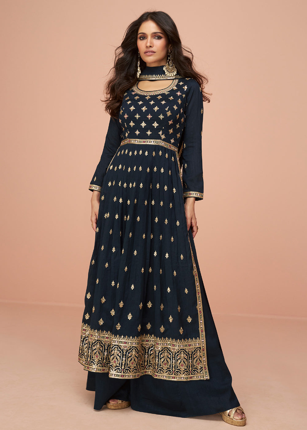 Buy Now Midnight Blue Wedding Wear Silk Trendy Palazzo Suit Online in USA, UK, Canada, Germany, Australia & Worldwide at Empress Clothing.