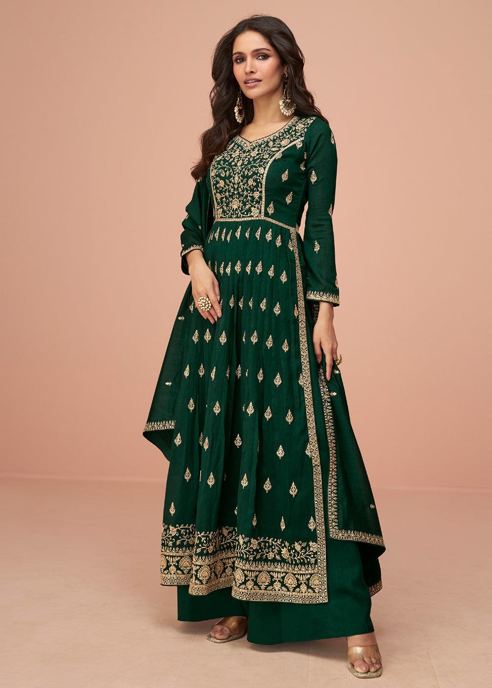 Buy Now Bottle Green Wedding Wear Silk Trendy Palazzo Suit Online in USA, UK, Canada, Germany, Australia & Worldwide at Empress Clothing.