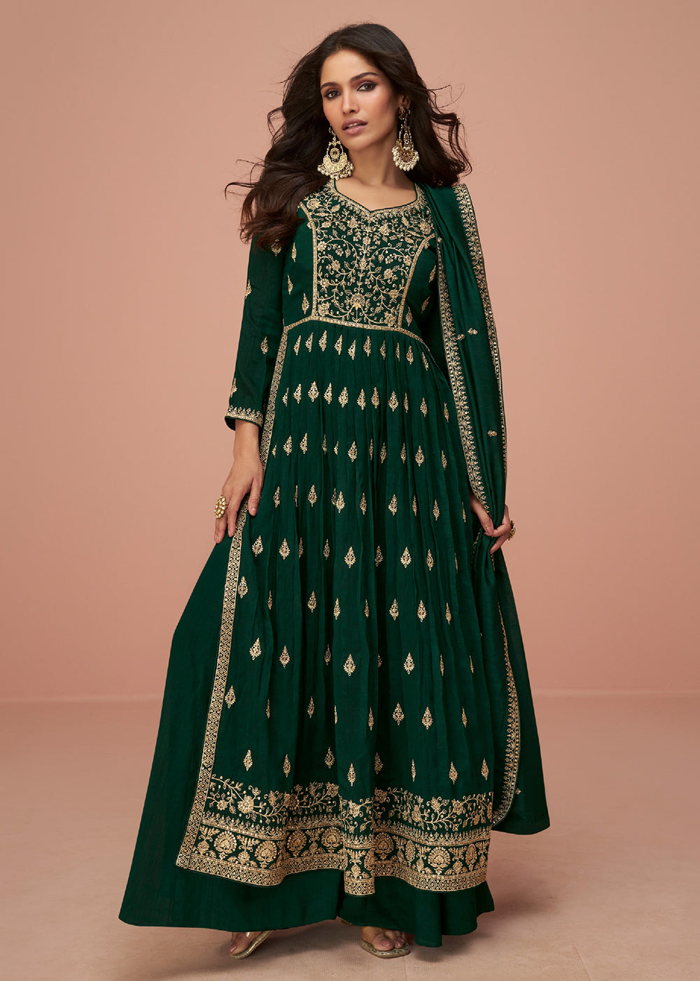 Buy Now Bottle Green Wedding Wear Silk Trendy Palazzo Suit Online in USA, UK, Canada, Germany, Australia & Worldwide at Empress Clothing.