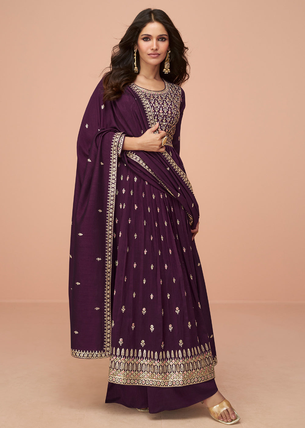 Buy Now Burgundy Purple Wedding Wear Silk Trendy Palazzo Suit Online in USA, UK, Canada, Germany, Australia & Worldwide at Empress Clothing.