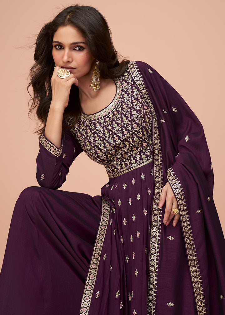 Buy Now Burgundy Purple Wedding Wear Silk Trendy Palazzo Suit Online in USA, UK, Canada, Germany, Australia & Worldwide at Empress Clothing.