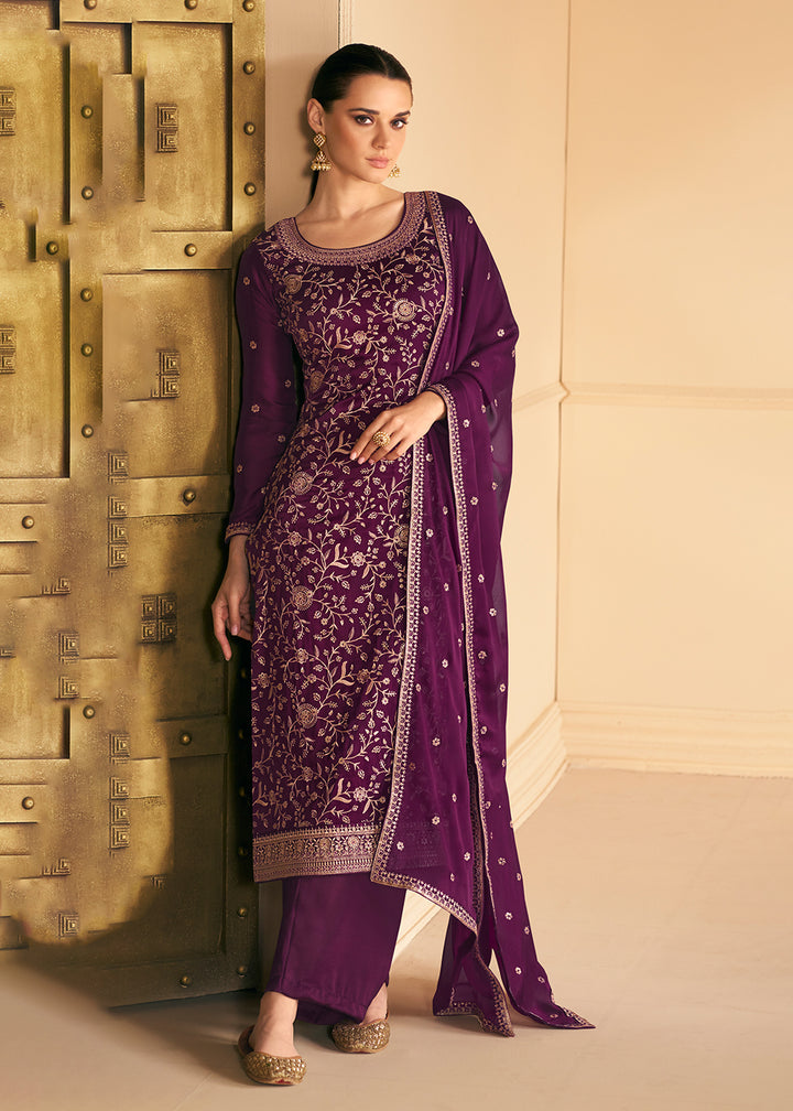 Soft Silk Wine Purple Embroidered Wedding Festive Salwar Suit