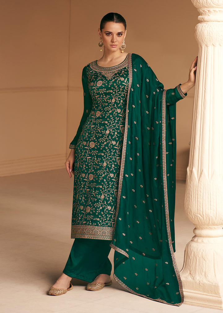 Soft Silk Dark Green Embroidered Wedding Festive Salwar Suit