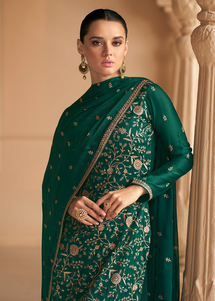 Soft Silk Dark Green Embroidered Wedding Festive Salwar Suit