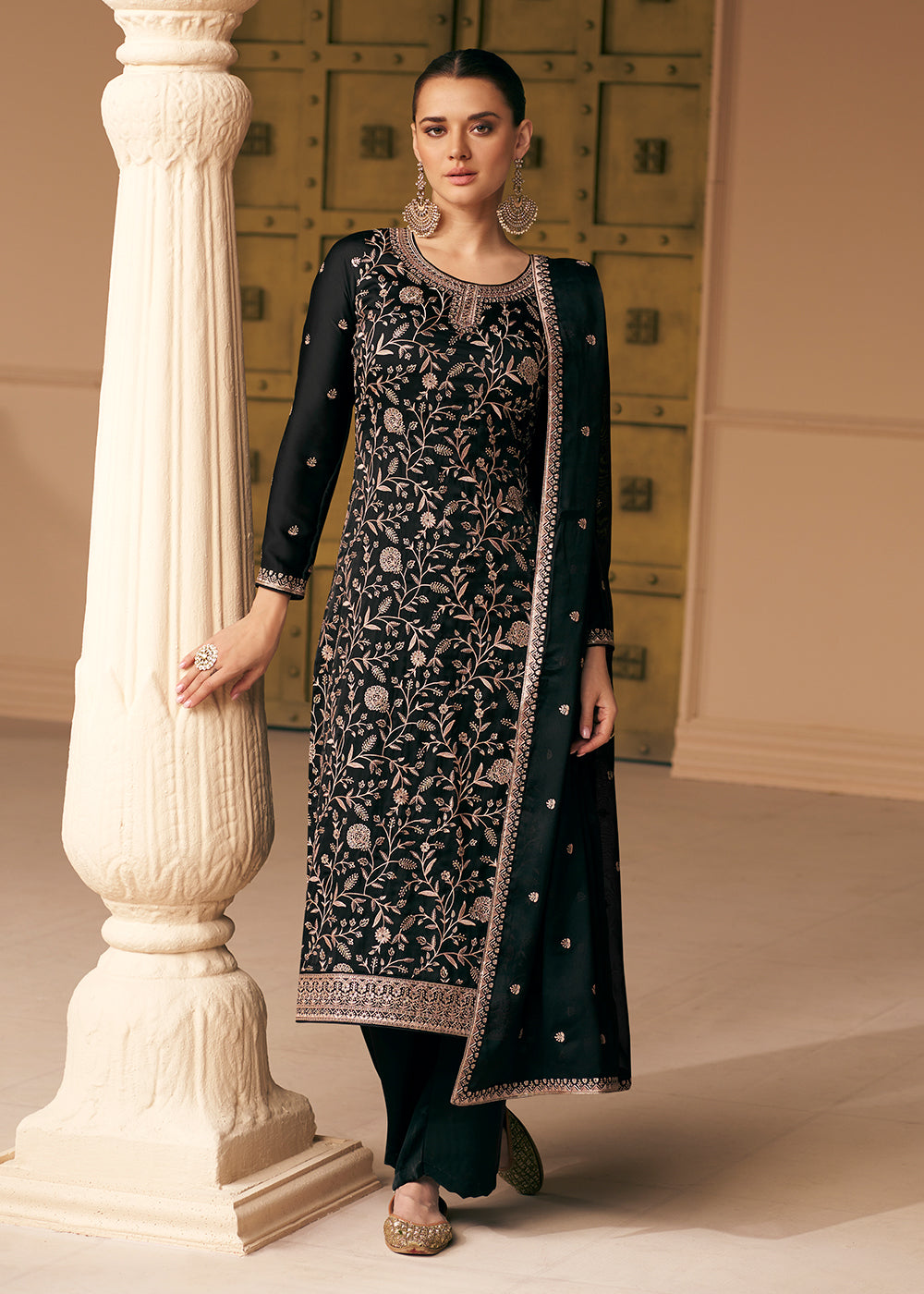 Soft Silk Deep Black Embroidered Wedding Festive Salwar Suit