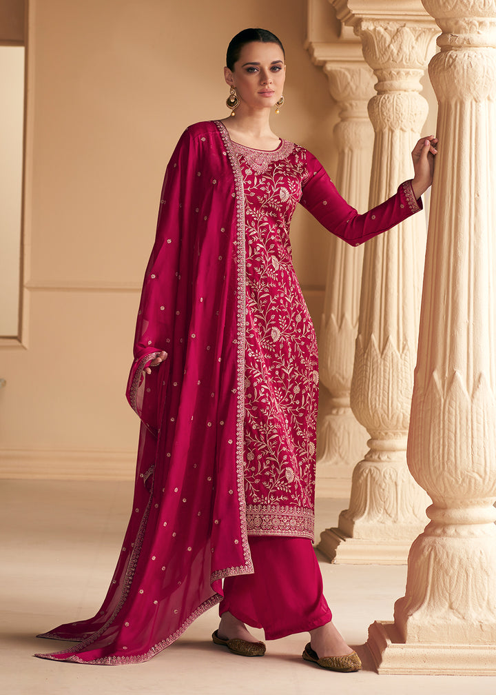 Soft Silk Hot Pink Embroidered Wedding Festive Salwar Suit