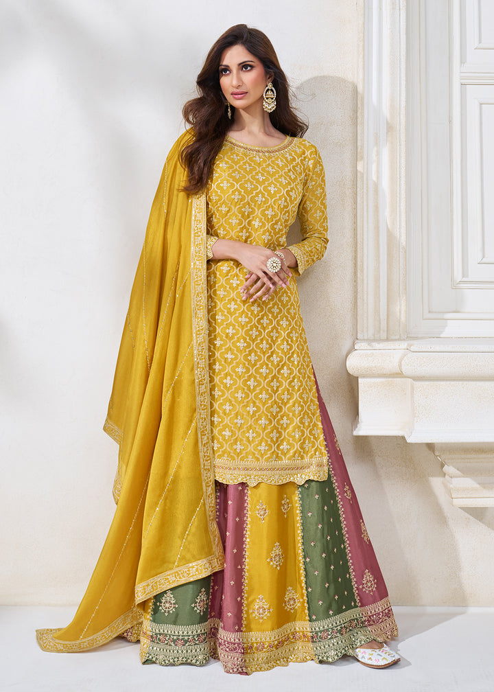 Buy Now Yellow Multicolor Sequins Embroidered Lehenga Skirt Suit Online in USA, UK, Australia, New Zealand, Canada & Worldwide at Empress Clothing. 