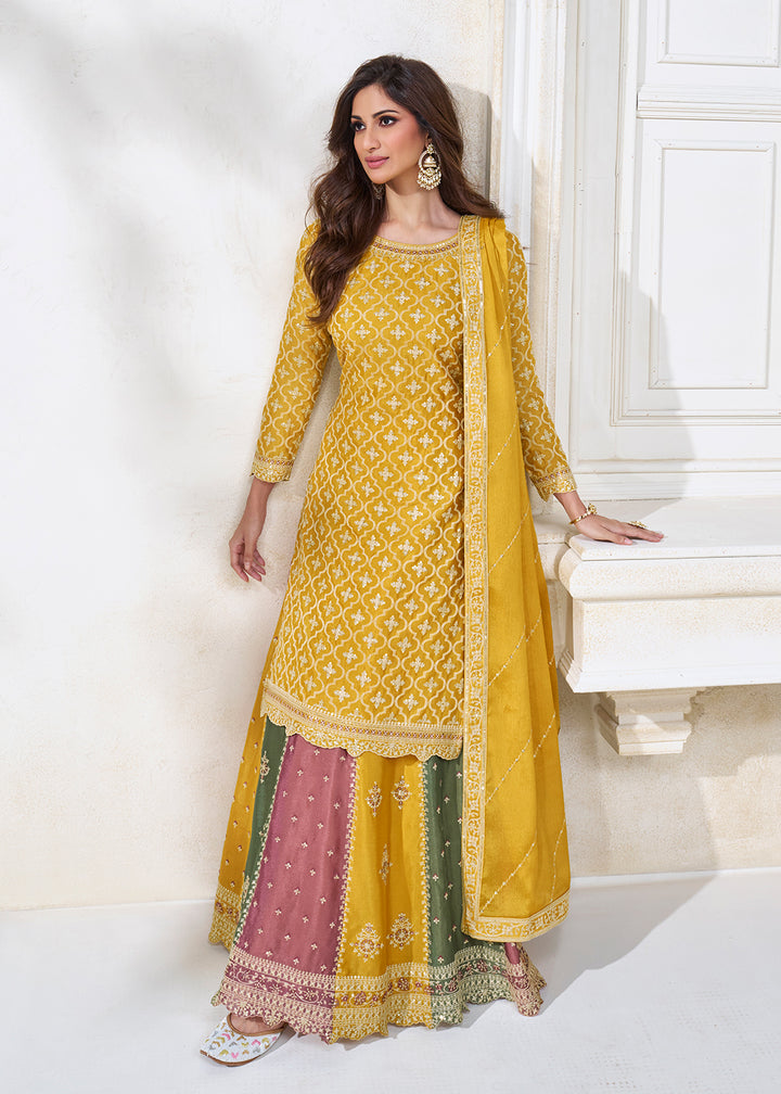 Buy Now Yellow Multicolor Sequins Embroidered Lehenga Skirt Suit Online in USA, UK, Australia, New Zealand, Canada & Worldwide at Empress Clothing. 