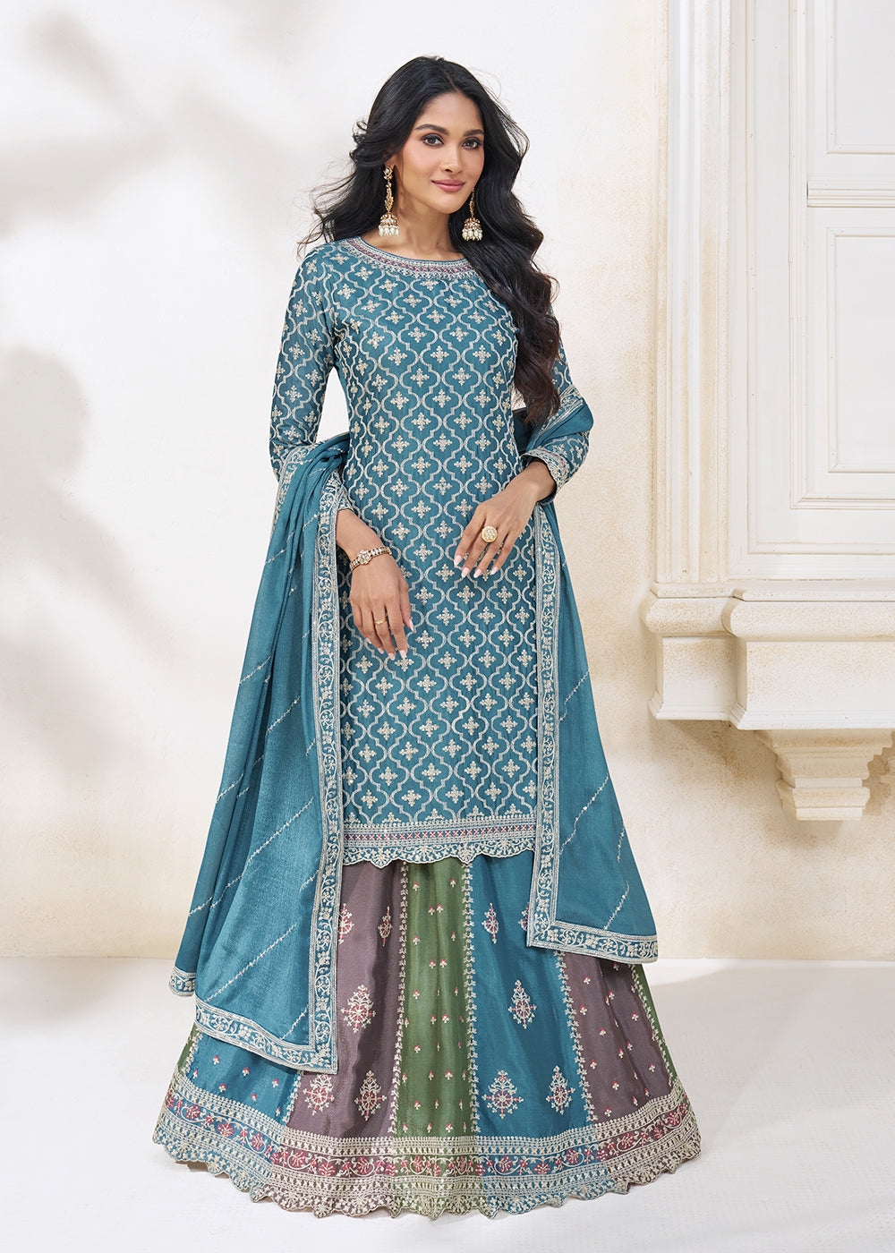 Buy Now Blue Multicolor Sequins Embroidered Lehenga Skirt Suit Online in USA, UK, Australia, New Zealand, Canada & Worldwide at Empress Clothing.