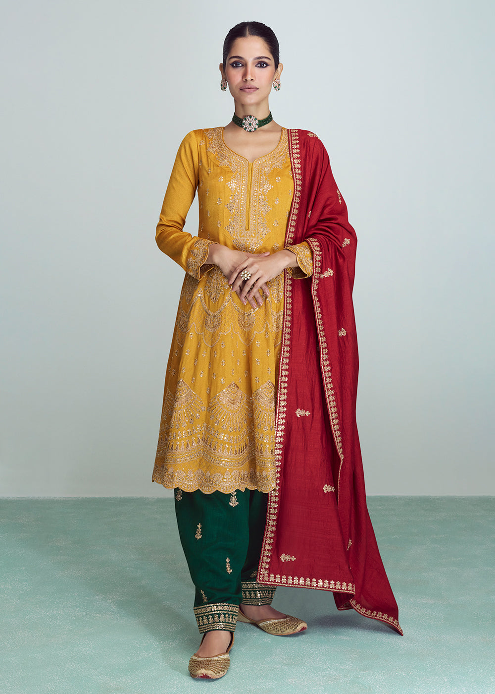 Buy Now Yellow & Green Silk Embroidered Peplum Punjabi Style Suit Online in USA, UK, Canada, Germany, Australia & Worldwide at Empress Clothing. 