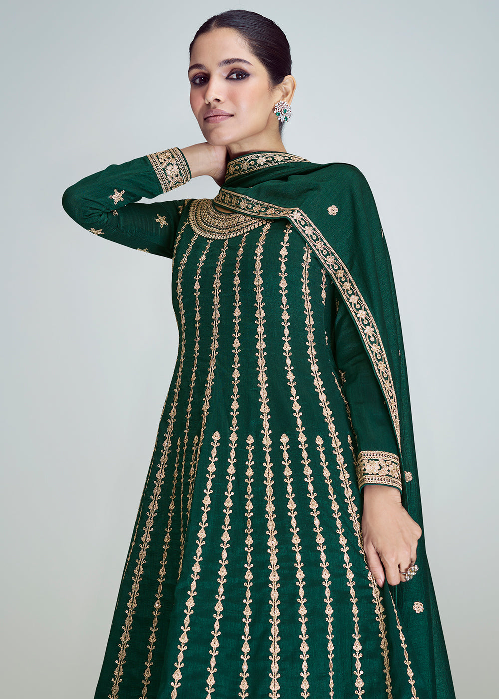 Buy Now Dark Green Silk Embroidered Peplum Punjabi Style Suit Online in USA, UK, Canada, Germany, Australia & Worldwide at Empress Clothing.