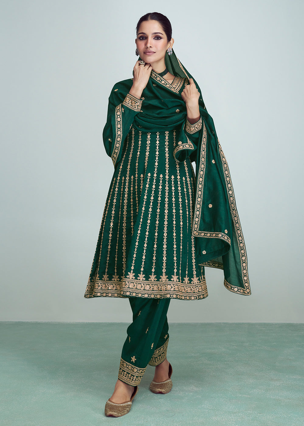 Buy Now Dark Green Silk Embroidered Peplum Punjabi Style Suit Online in USA, UK, Canada, Germany, Australia & Worldwide at Empress Clothing.