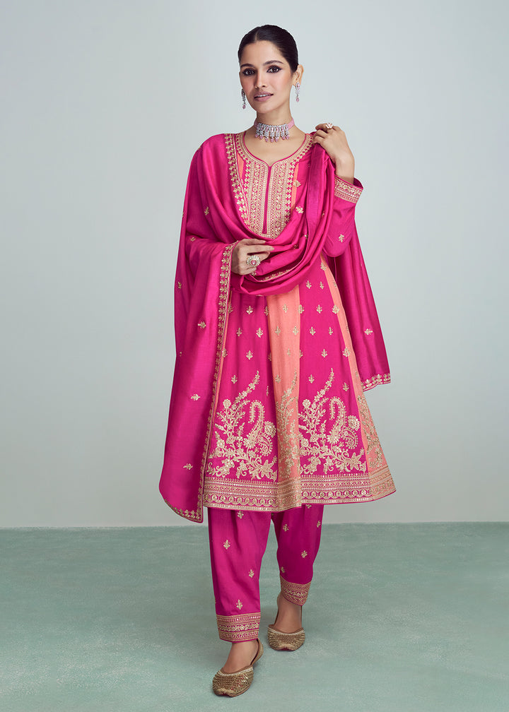 Buy Now Pink & Peach Silk Embroidered Peplum Punjabi Style Suit Online in USA, UK, Canada, Germany, Australia & Worldwide at Empress Clothing.